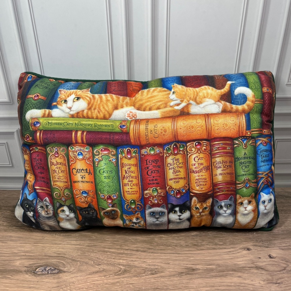 Randall Spangler Library of Cats Cat Shelf‎ Throw Pillow Bookish Whimsical 17x10